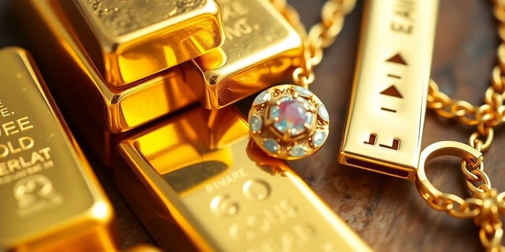 Barres d'or pur et bijoux en or 18 carats.