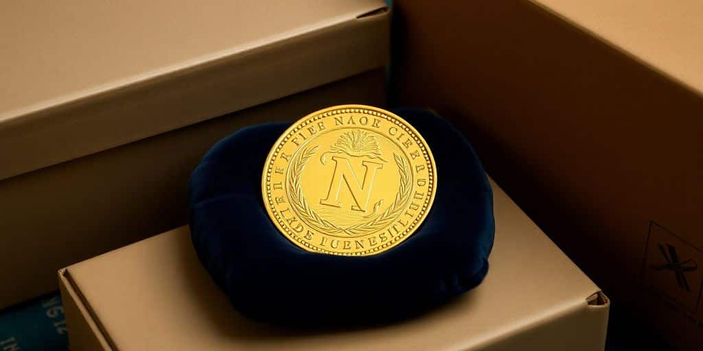 Une pièce en or de Napoléon sur un coussin.