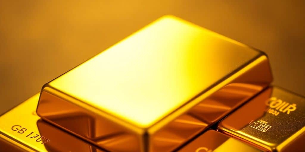 Barres d'or brillantes empilées sur un fond flou.