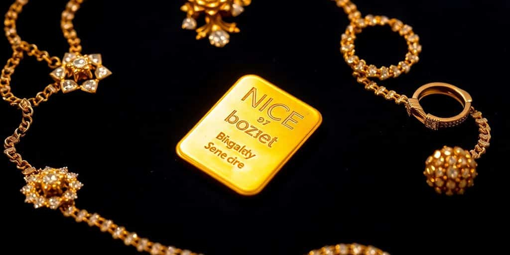 Lingot d'or sur velours avec bijoux élégants.