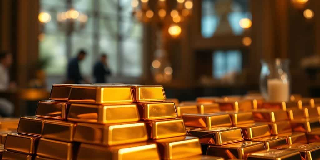 Des lingots d'or empilés dans un cadre luxueux.