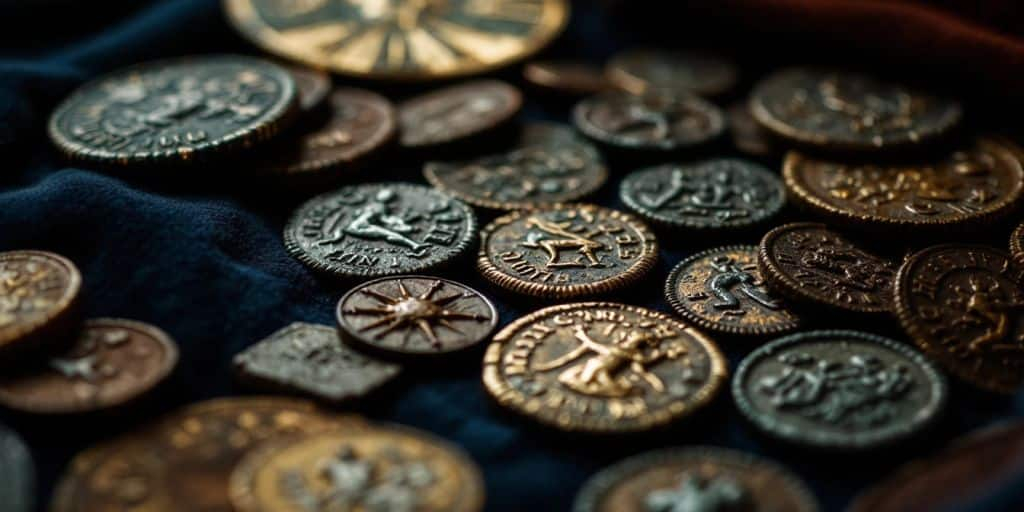 Pièces anciennes sur un tissu en velours.