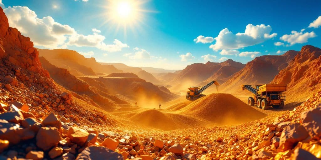 Mine d'or avec des travailleurs et du minerai doré.