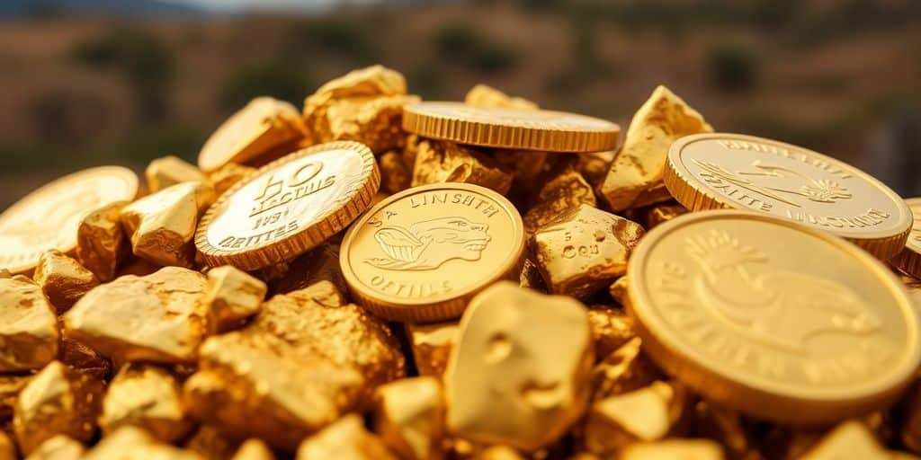 Des morceaux d'or brillants et des pièces de monnaie.