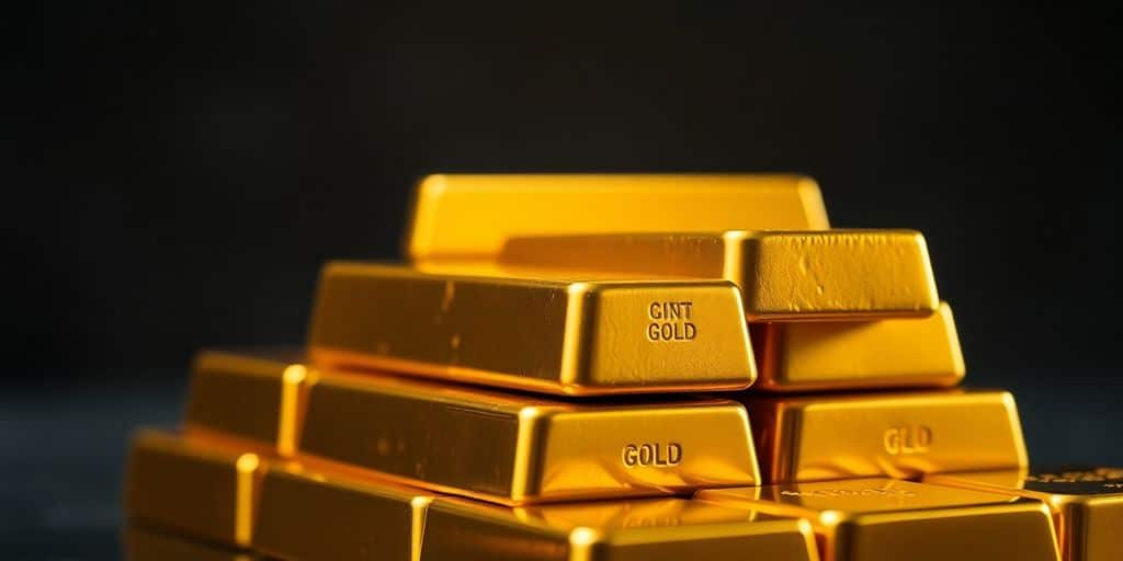 Des barres d'or empilées sur un fond flou.