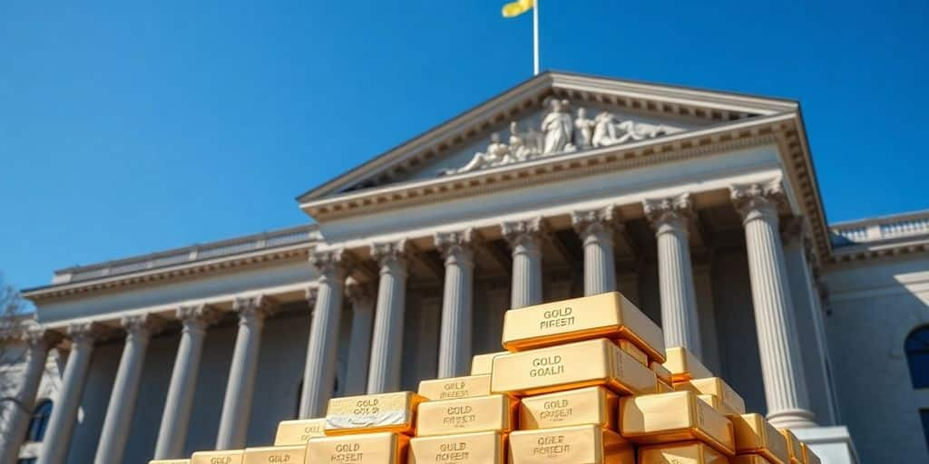 Bâtiment de banque centrale avec des lingots d'or.