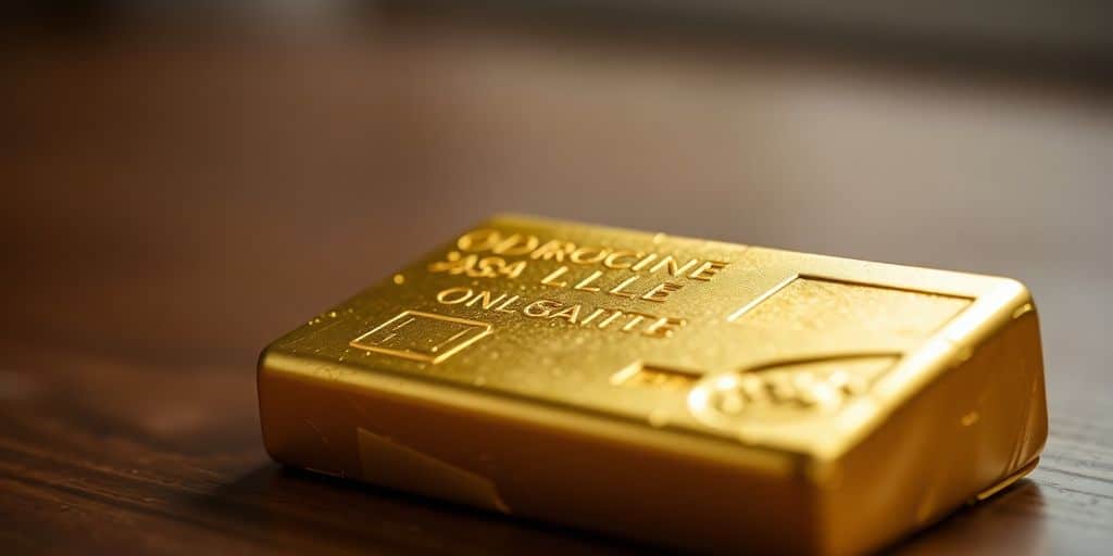Lingot d'or sur une table en bois.