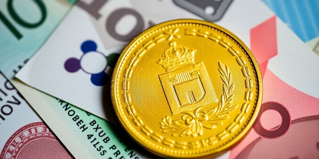 Monnaie Napoléon en or sur fond flou de devises.