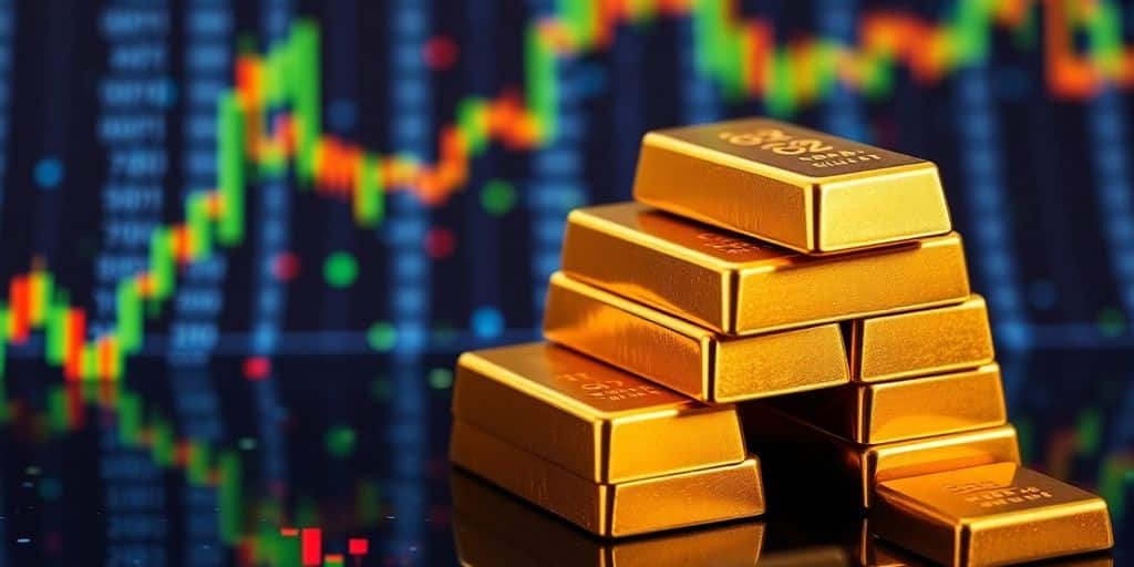 Des barres d'or sur un fond de blockchain numérique.