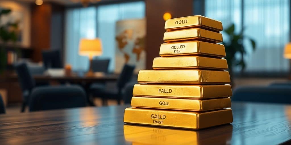 Barres d'or empilées sur une table en bois.