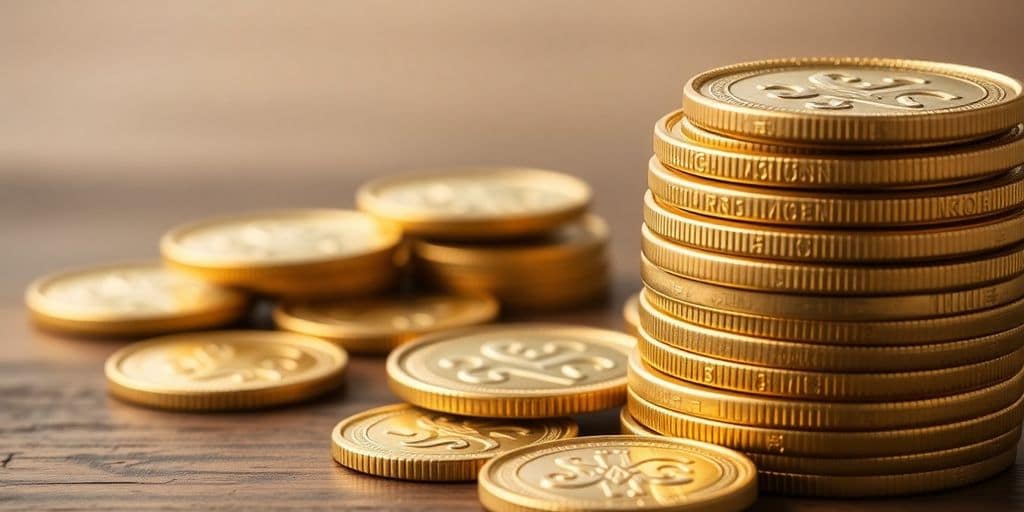 Pièces d'or en pile sur une surface en bois.