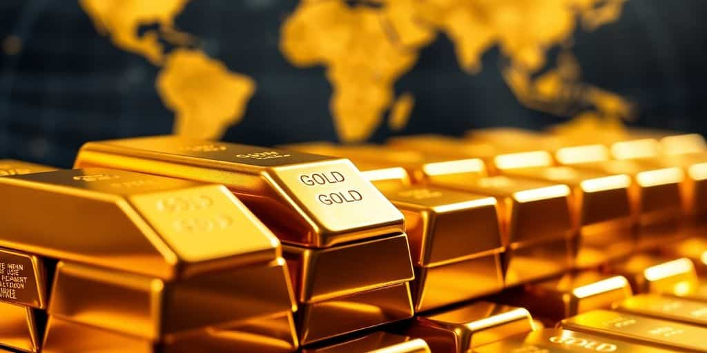 Des lingots d'or empilés sur une carte du monde.