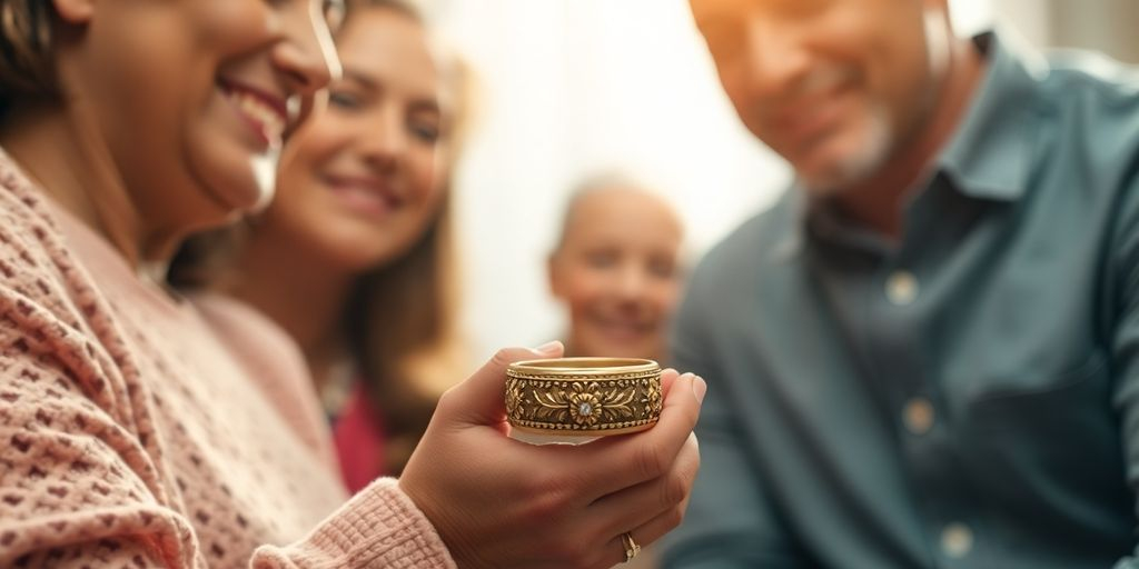 Famille examinant des bijoux hérités en or.