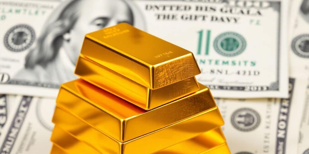 Lingots d'or avec billets de dollar américain en arrière-plan.