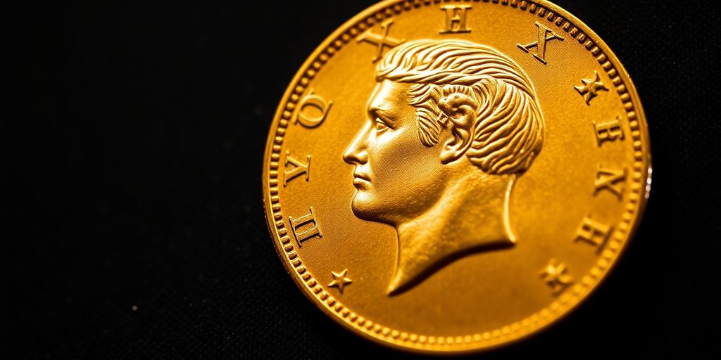 Monnaie en or de Napoléon sur fond sombre.