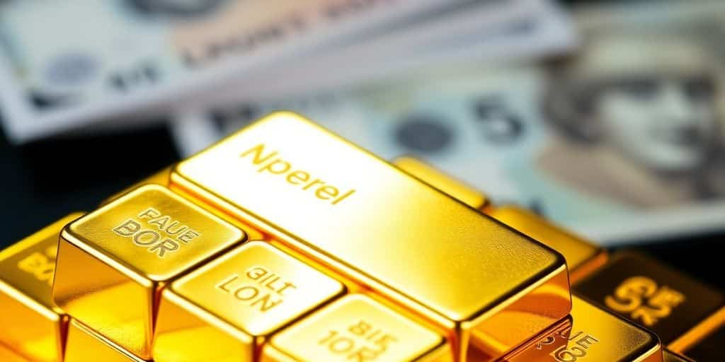 Des barres d'or empilées sur des billets de banque.