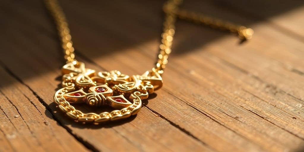 Collier en or ancien sur une table en bois.