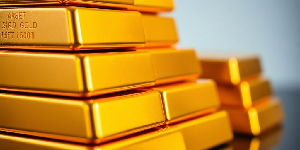 Barres d'or empilées, représentant la richesse et la sécurité.