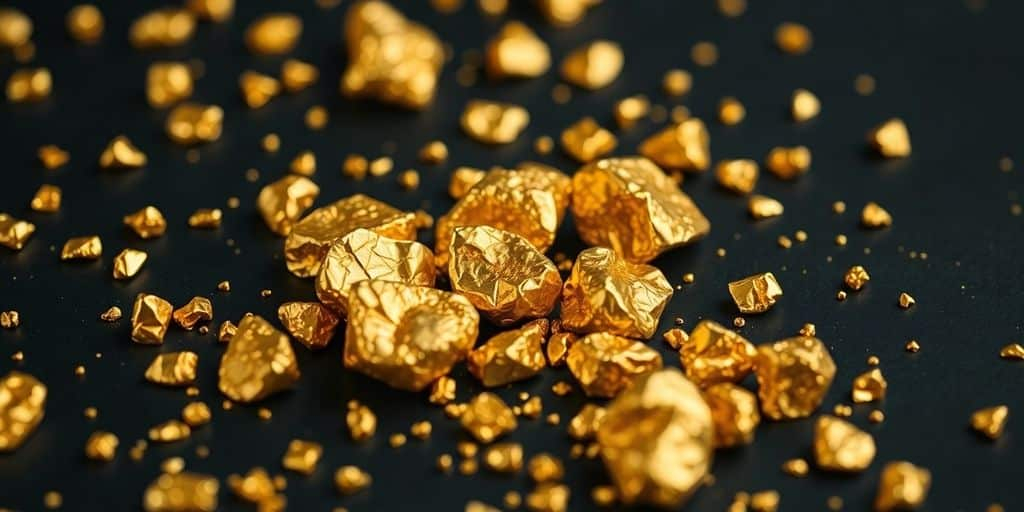 Gros plan sur des pépites d'or brillantes.