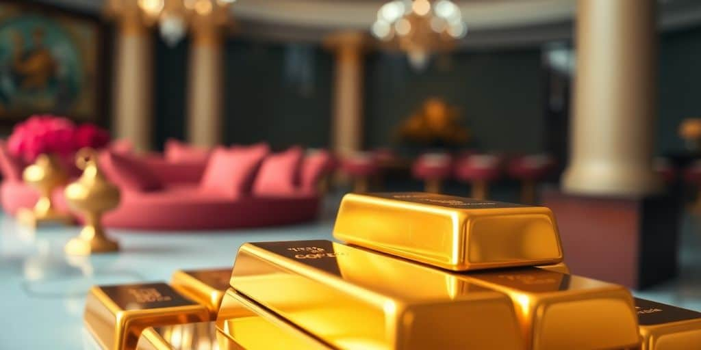 Des barres d'or empilées sur un fond flou.