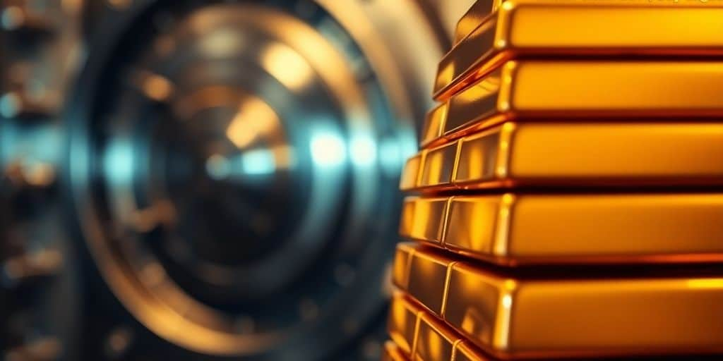 Barres d'or empilées dans un coffre-fort.