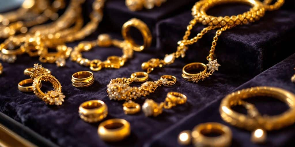 Bijoux en or élégants sur un fond en velours.