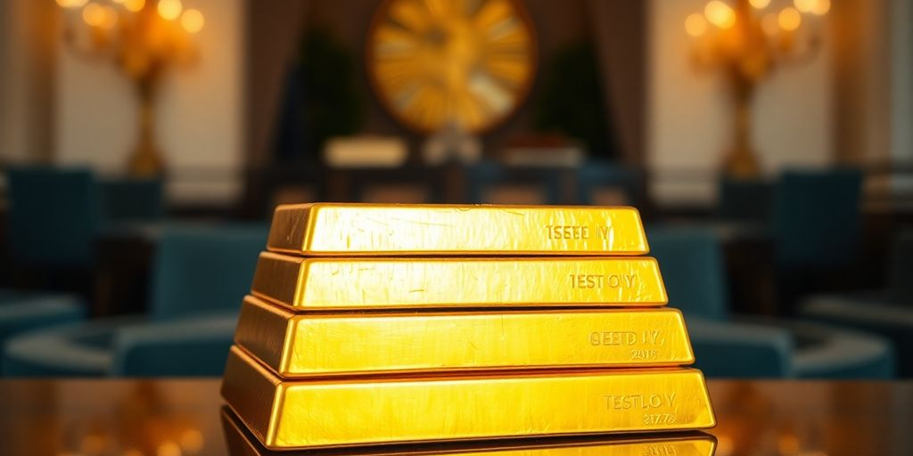 Des lingots d'or empilés dans un cadre luxueux.