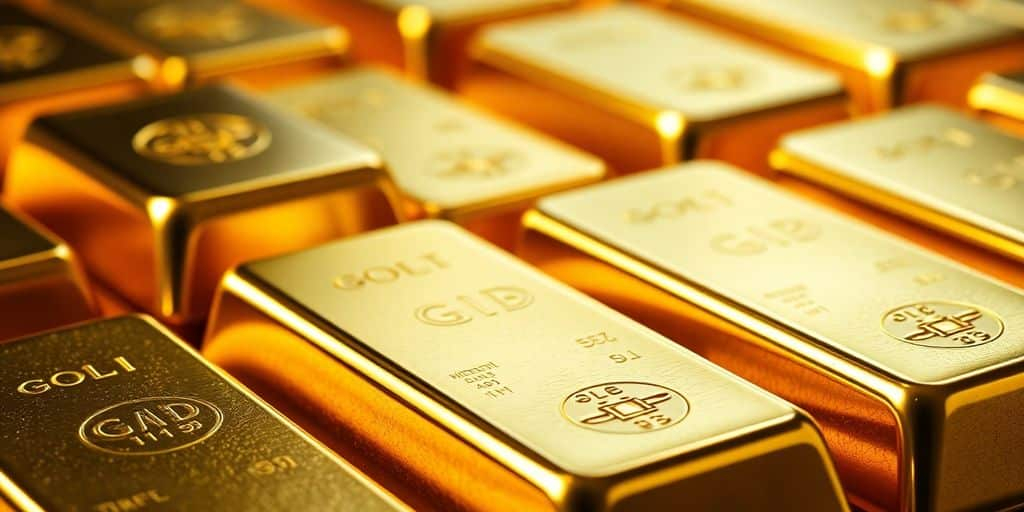 Des barres d'or brillantes empilées.