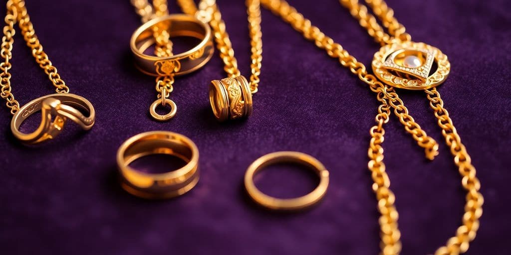 Bijoux en or sur un tissu en velours.