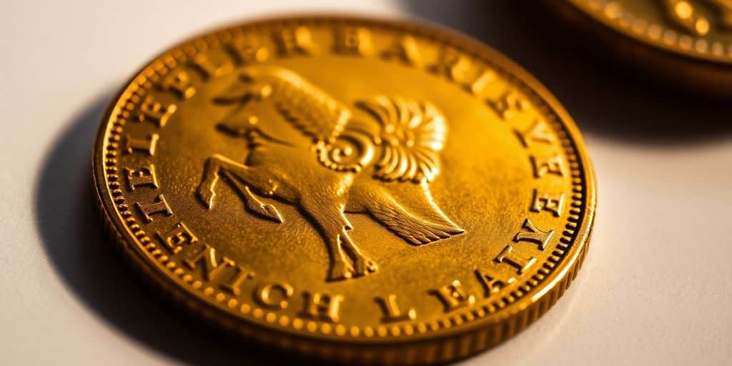 Pièce d'or Napoléon sur une surface brillante.
