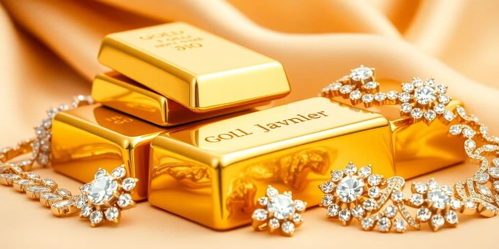 Lingots d'or et bijoux brillants.