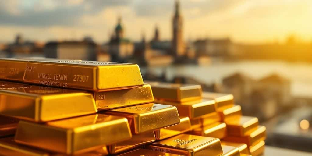 Barres d'or empilées avec un paysage urbain flou.