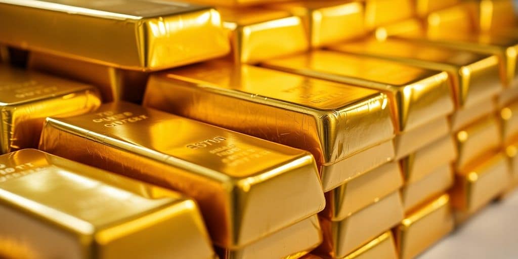 Lingots d'or empilés, brillants sous la lumière.