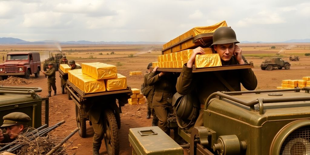 Soldats transportant des lingots d'or pendant la guerre.