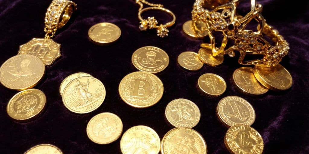 Variété de pièces en or et bijoux sur tissu.