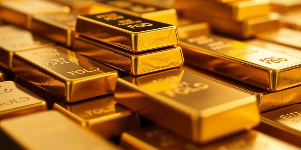 Lingots d'or empilés sur une surface brillante.