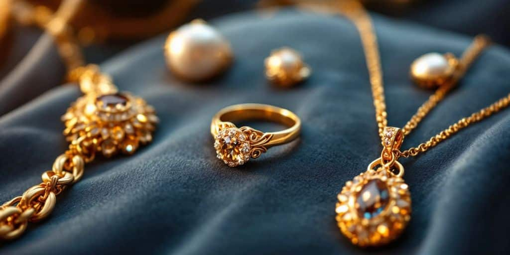 Bijoux en or sur un fond en velours.