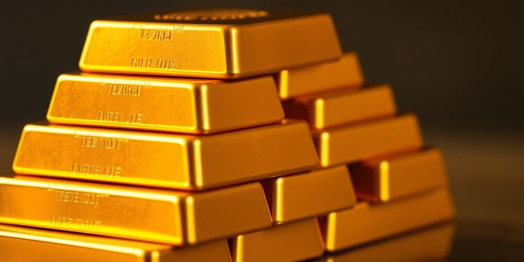 Des barres d'or empilées dans un fond flou.