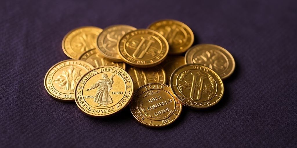 Pièces d'or héritées sur un fond en velours.