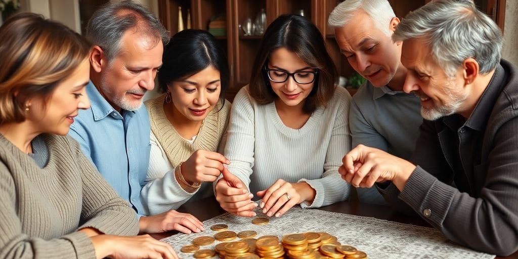 Une famille examinant des pièces d'or ensemble.