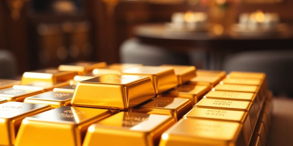 Des barres d'or empilées dans un cadre luxueux.