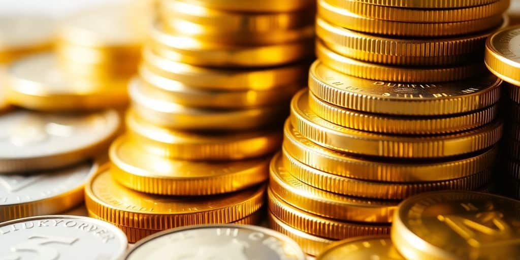 Pièces d'or et d'argent empilées sur une surface.