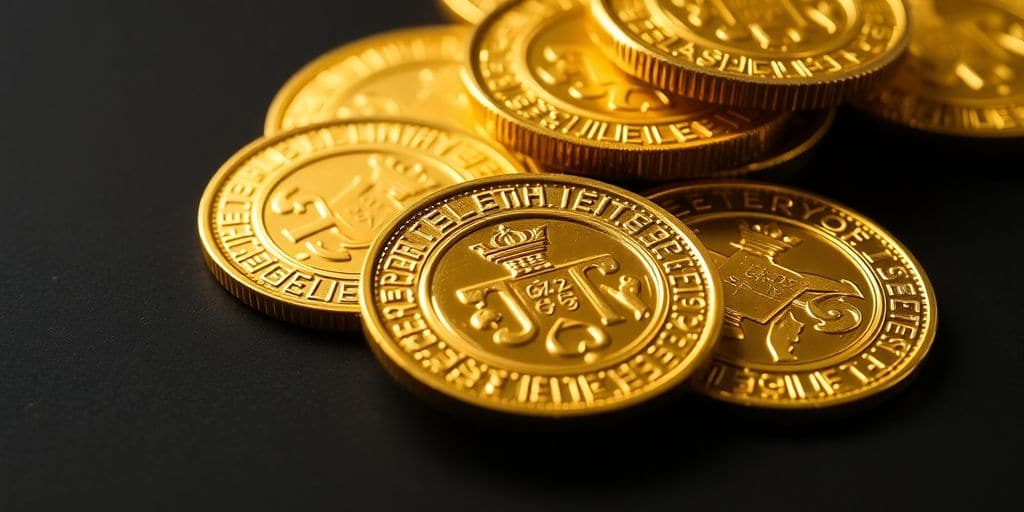 Pièces d'or brillantes sur une surface sombre.