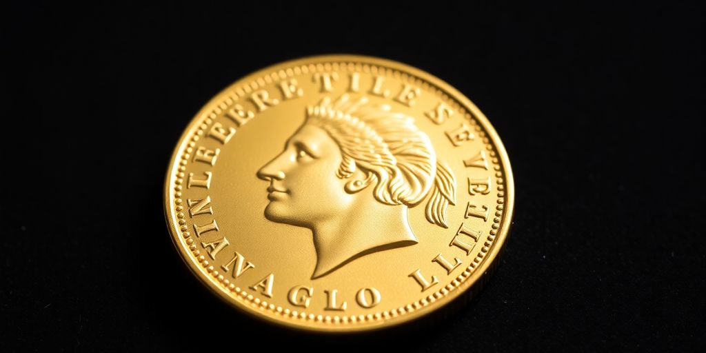 Pièce en or de Napoléon sur fond sombre.