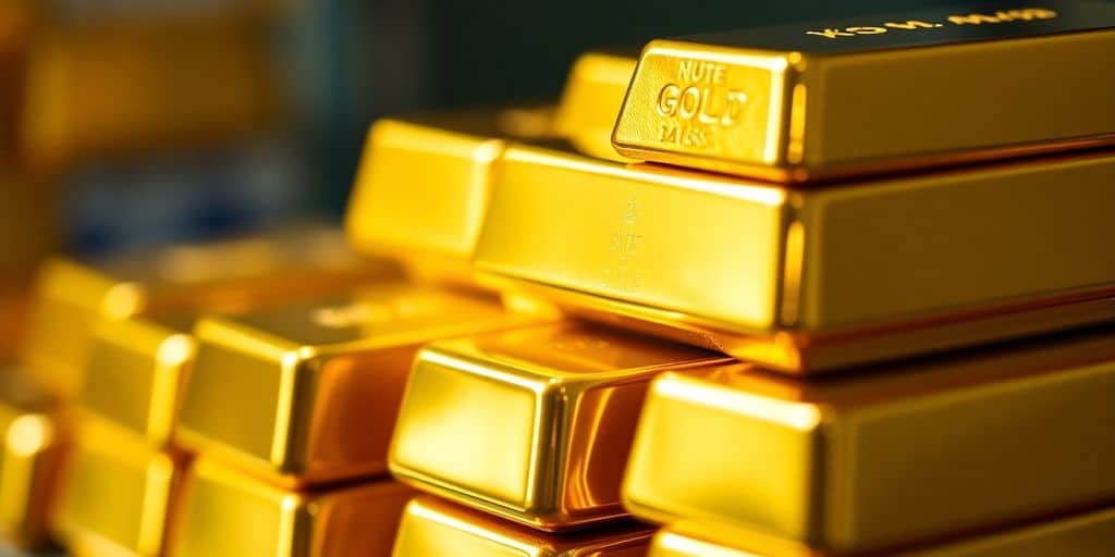 Lingots d'or empilés en arrière-plan suisse.