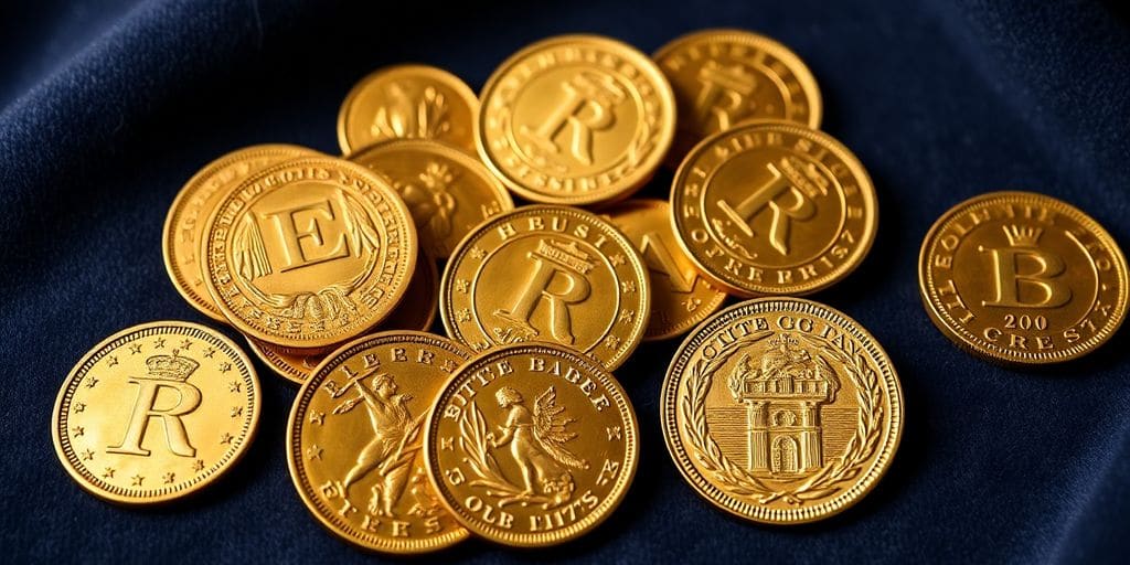 Collection de pièces de Napoléon en or sur velours.