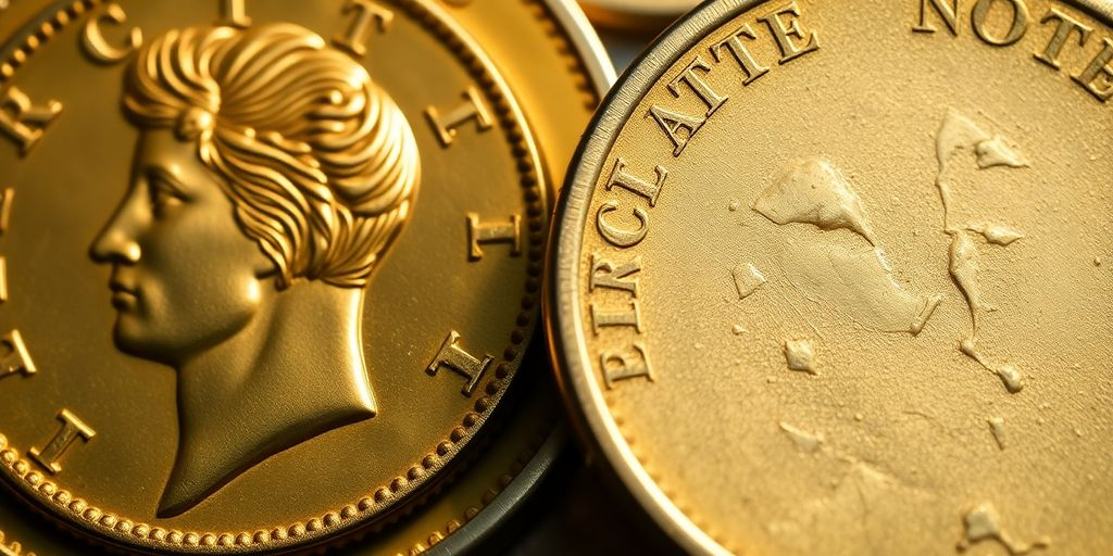 Deux pièces d'or : un Napoléon frappé et fondu.