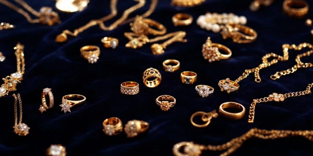 Bijoux en or élégants sur un fond en velours.