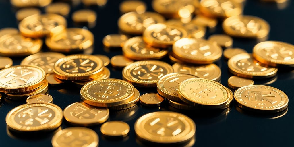 Pièces d'or éparpillées sur une surface sombre.