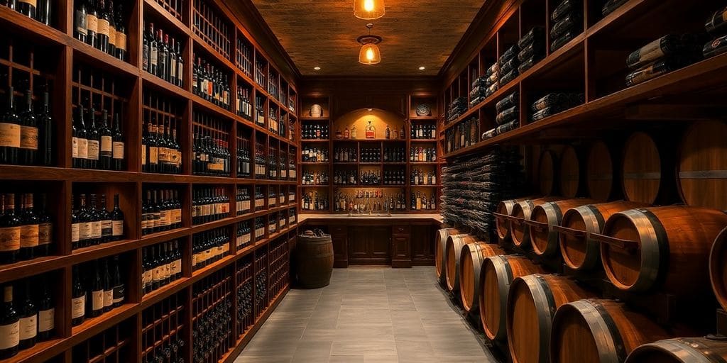 Cave à vin élégante avec bouteilles et fût en bois.